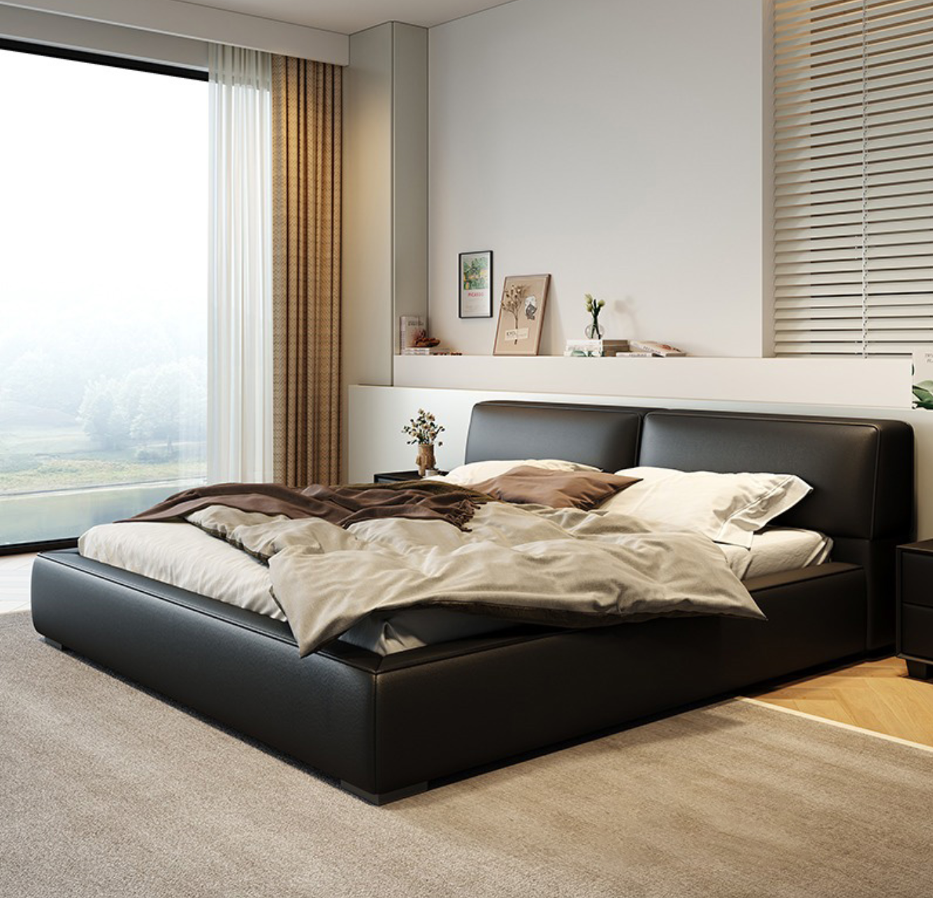 Black Leather Upholstered Bed Frame