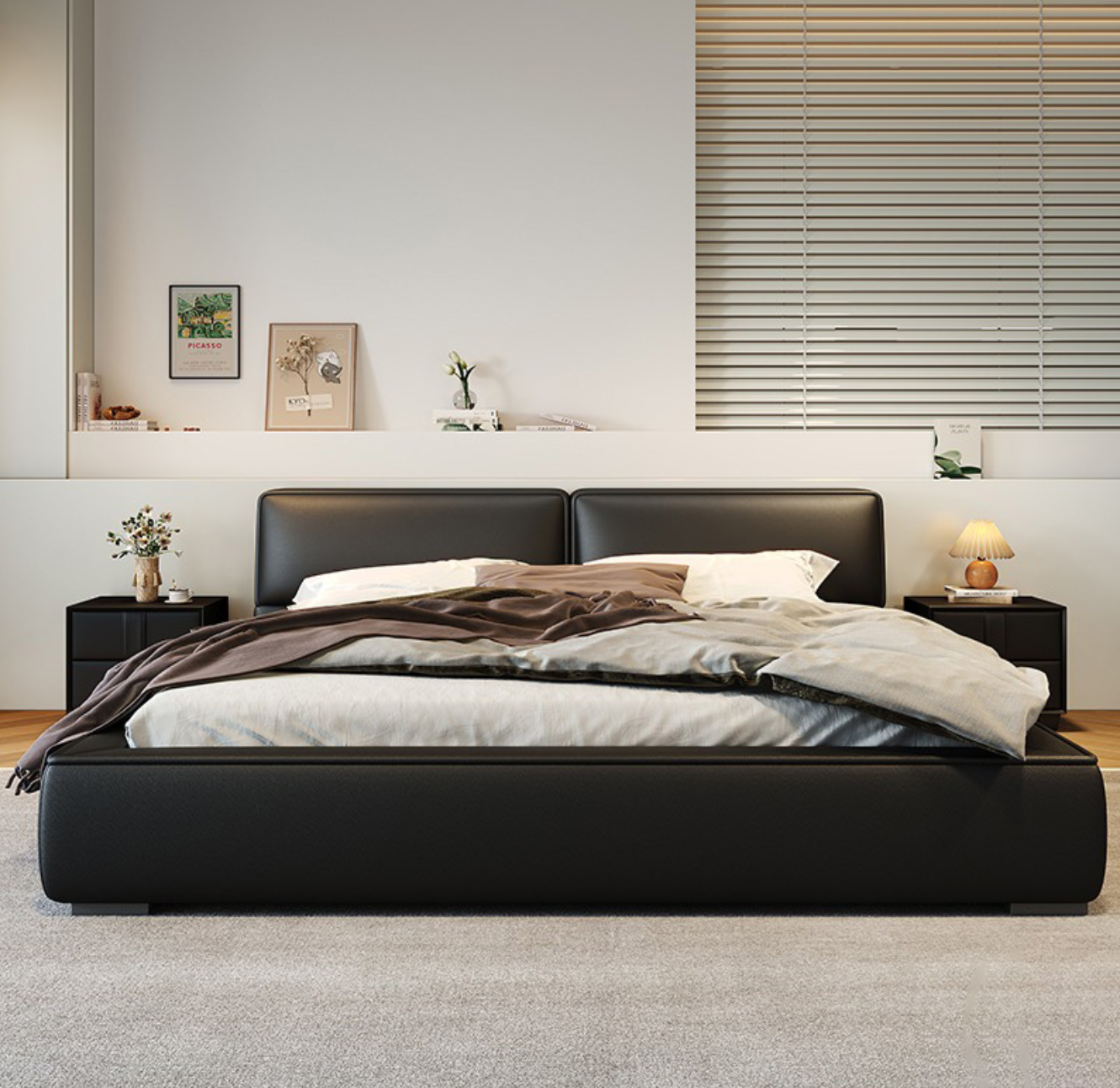 Black Leather Upholstered Bed Frame