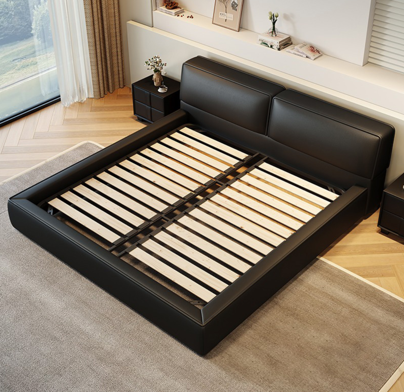 Black Leather Upholstered Bed Frame